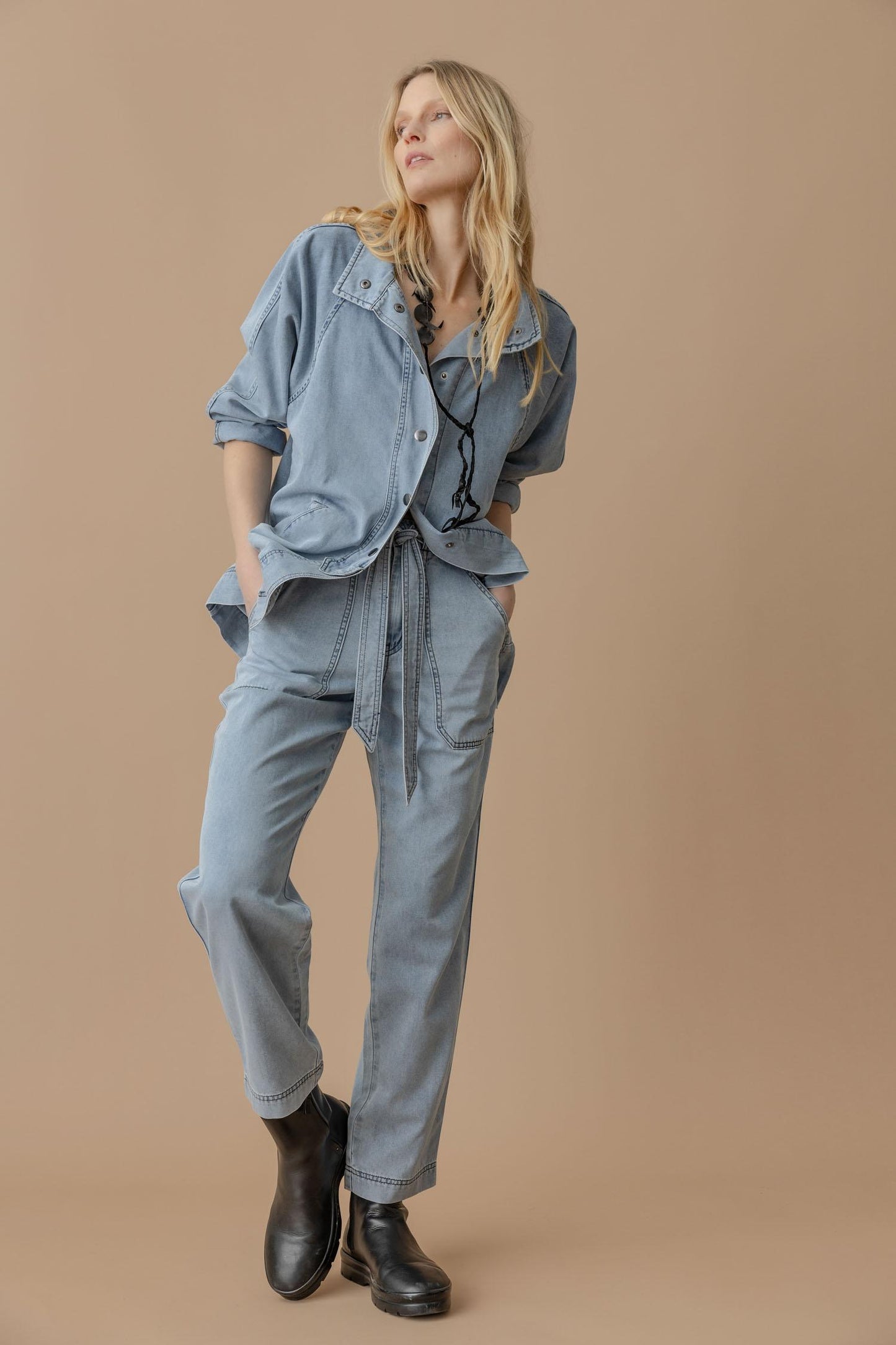 Denim Belted Pant in light wash by Lilla P