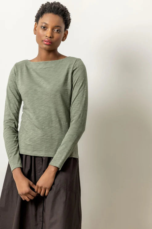 Long Sleeve Seamed Boatneck Tee in agave by Lilla P