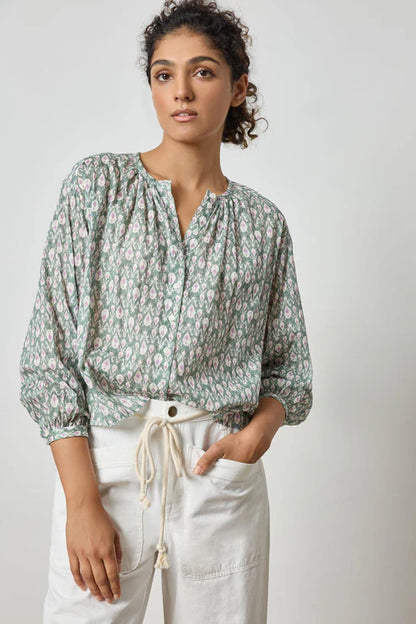 Long Sleeve Shirred Blouse in seagrass print by Lilla P