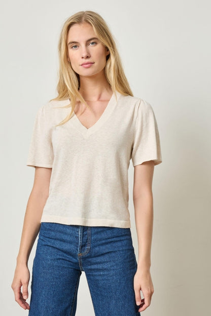 Short Sleeve V-Neck Sweater in barley by Lilla P