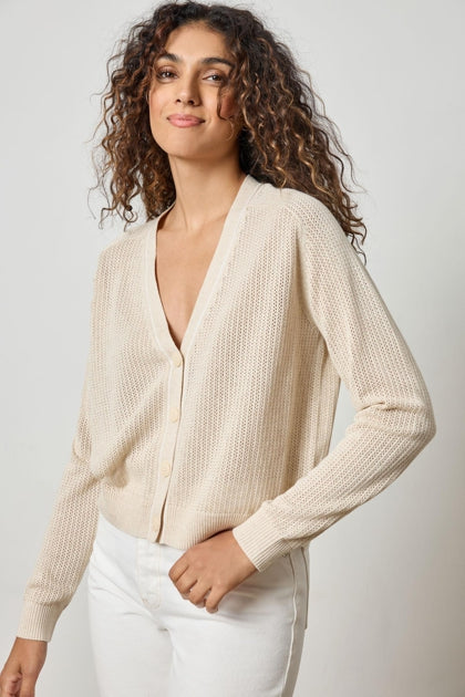 Saddle Sleeve V-Neck Cardigan in husk by Lilla P