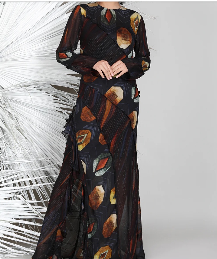 Yomawu Printed Maxi Dress in black by Conditions Apply