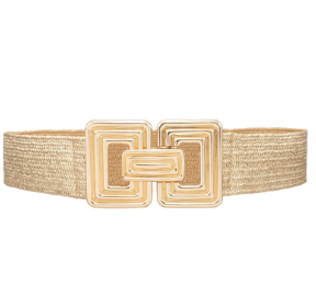 Ribbed Rectangle Buckle Metallic Straw Belt in gold