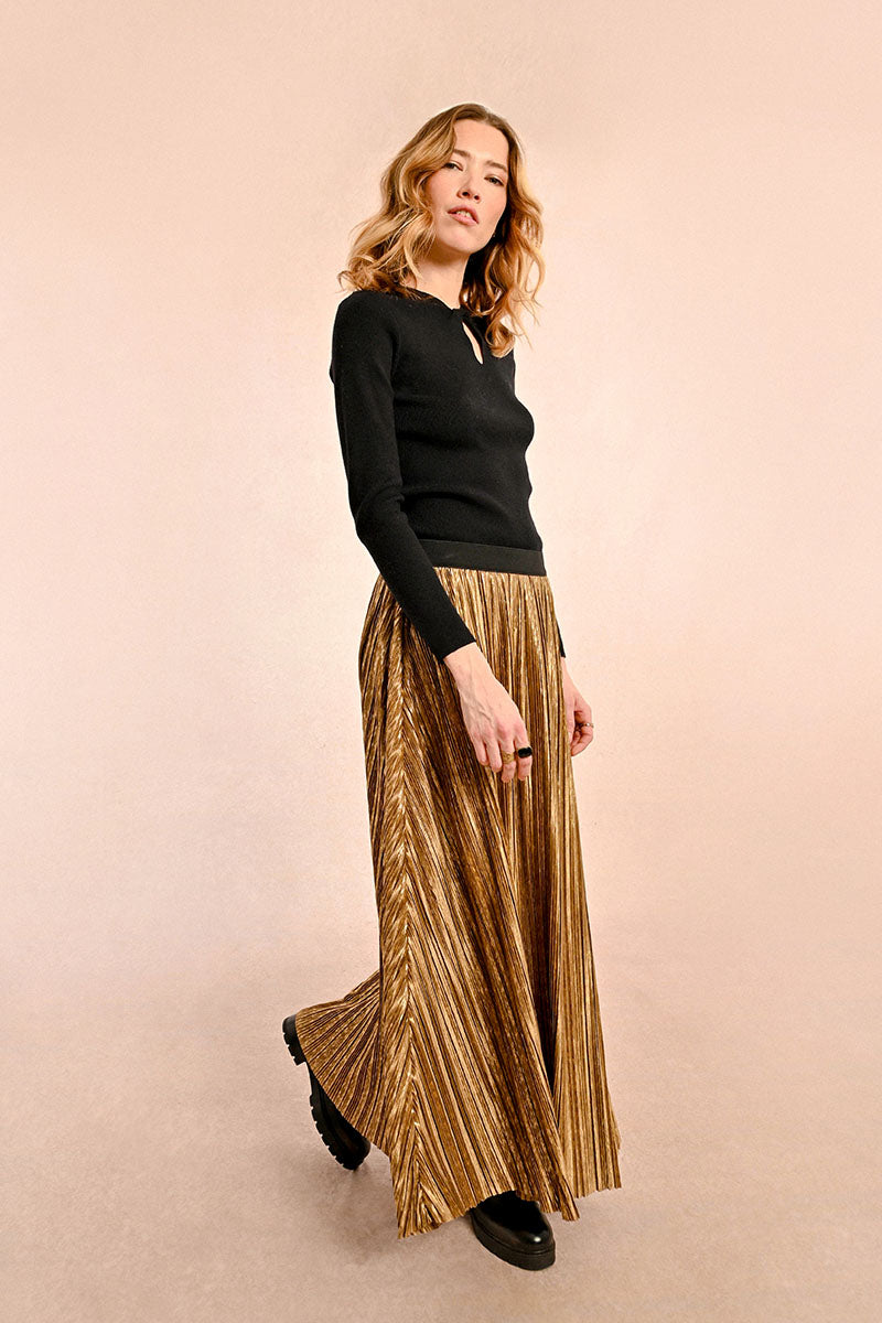 Pleated Midi Skirt in gold by Molly Bracken