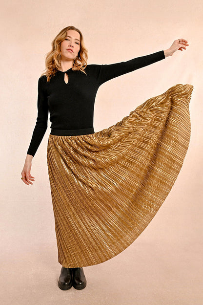 Pleated Midi Skirt in gold by Molly Bracken