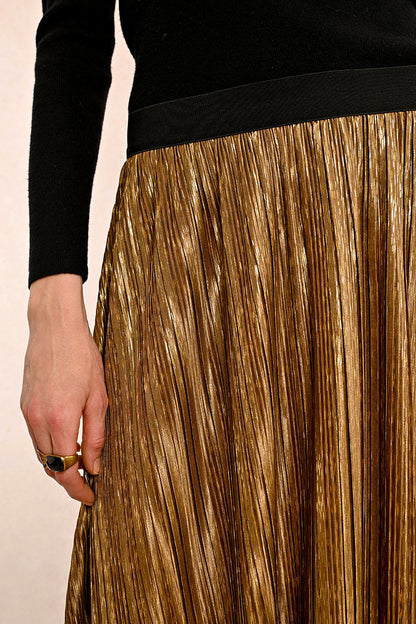 Pleated Midi Skirt in gold by Molly Bracken