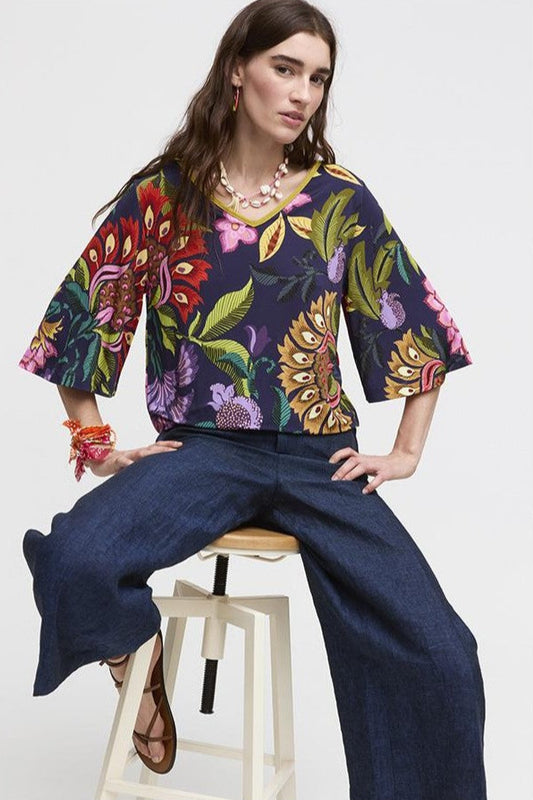 3/4 Sleeve Printed Top in navy multi by Aldo Martins