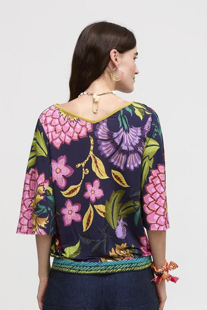 3/4 Sleeve Printed Top in navy multi by Aldo Martins