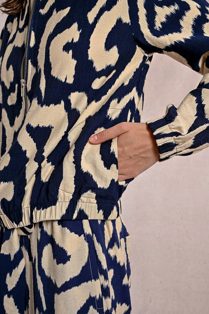 Printed Bomber Jacket in navy by Molly Bracken