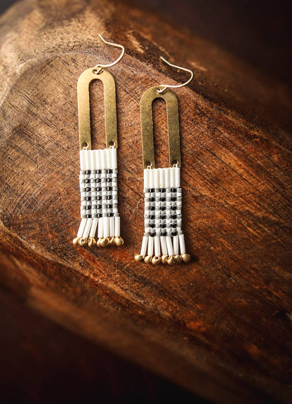 Beaded Handwoven Gingham Earrings in black by Mayana