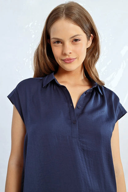 Short Sleeve Collared Top in navy by Molly Bracken