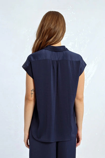 Short Sleeve Collared Top in navy by Molly Bracken