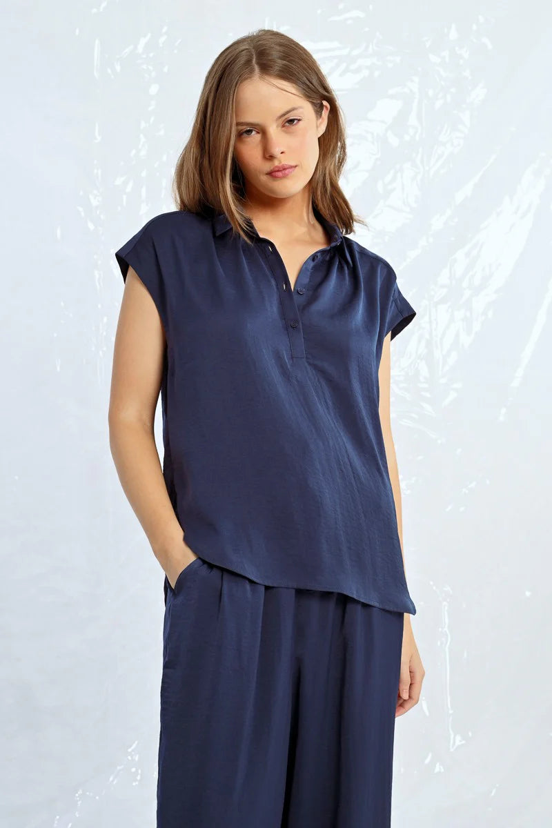 Short Sleeve Collared Top in navy by Molly Bracken