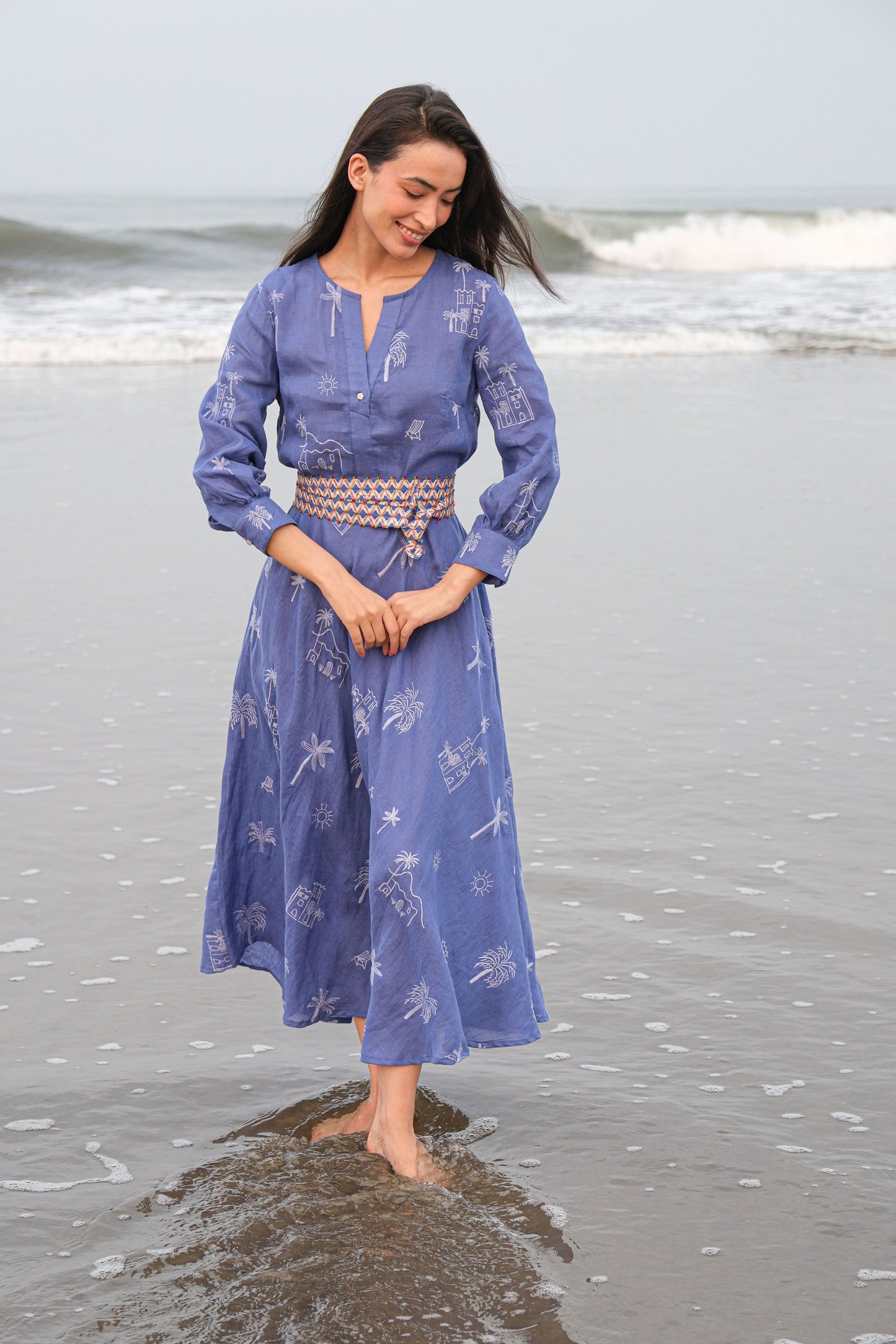 Azurite Maxi Dress in blue village embroidered by Nimo