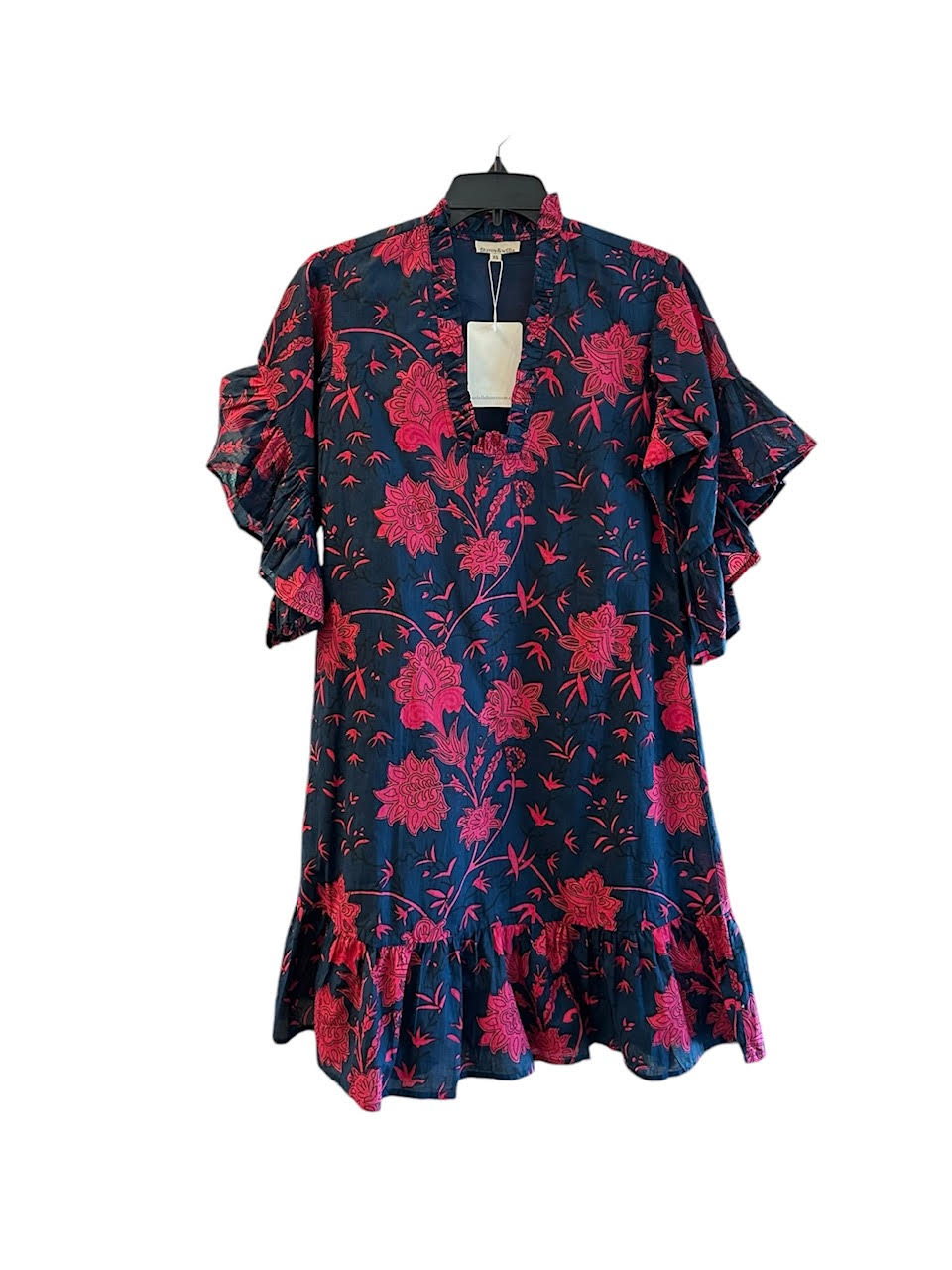 TRUNK SHOW- Soleil Flutter Sleeve Mini Dress in beautiful navy/raspberry by Fitzroy & Willa