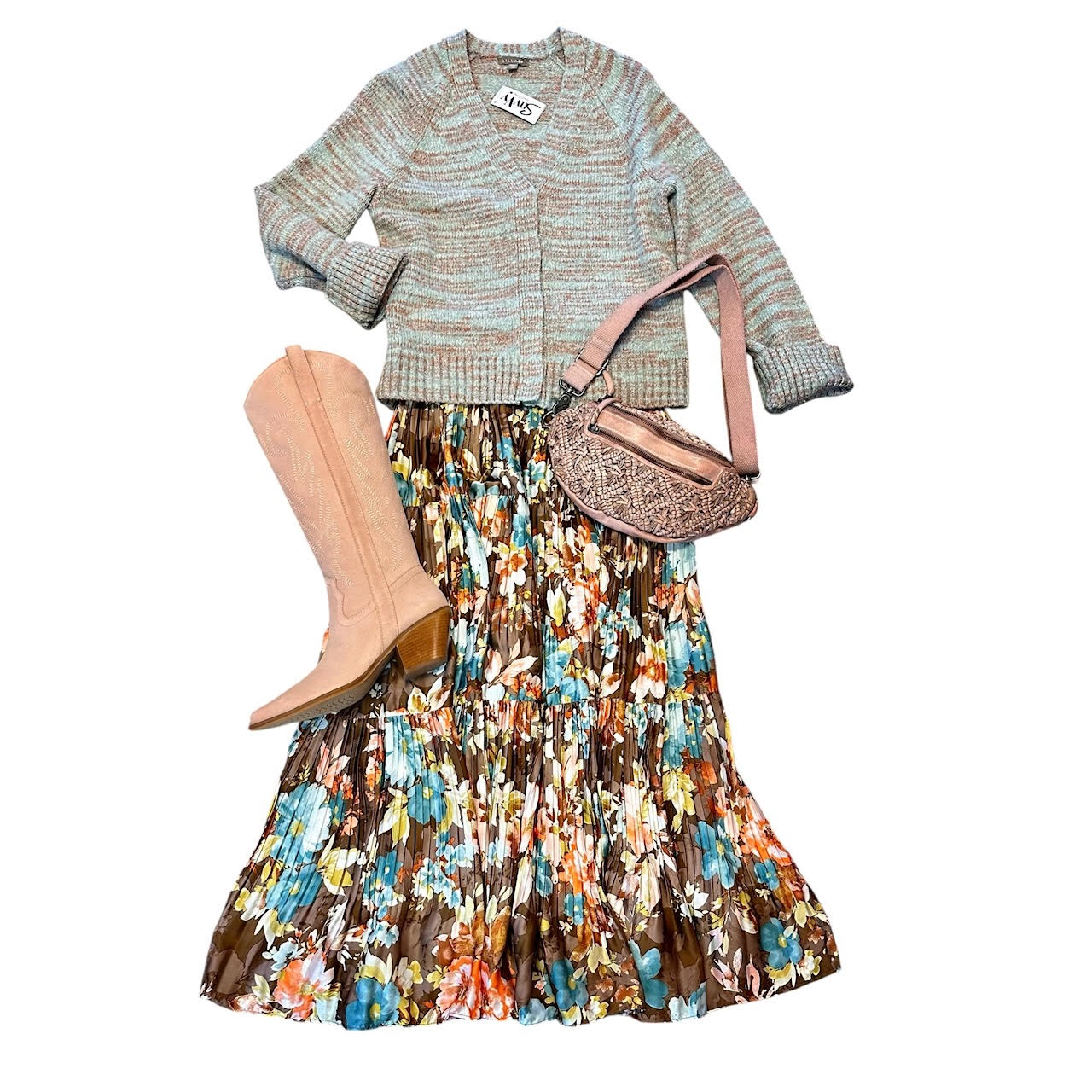 Floral Print Pleated Tiered Maxi Skirt in brown by Current Air