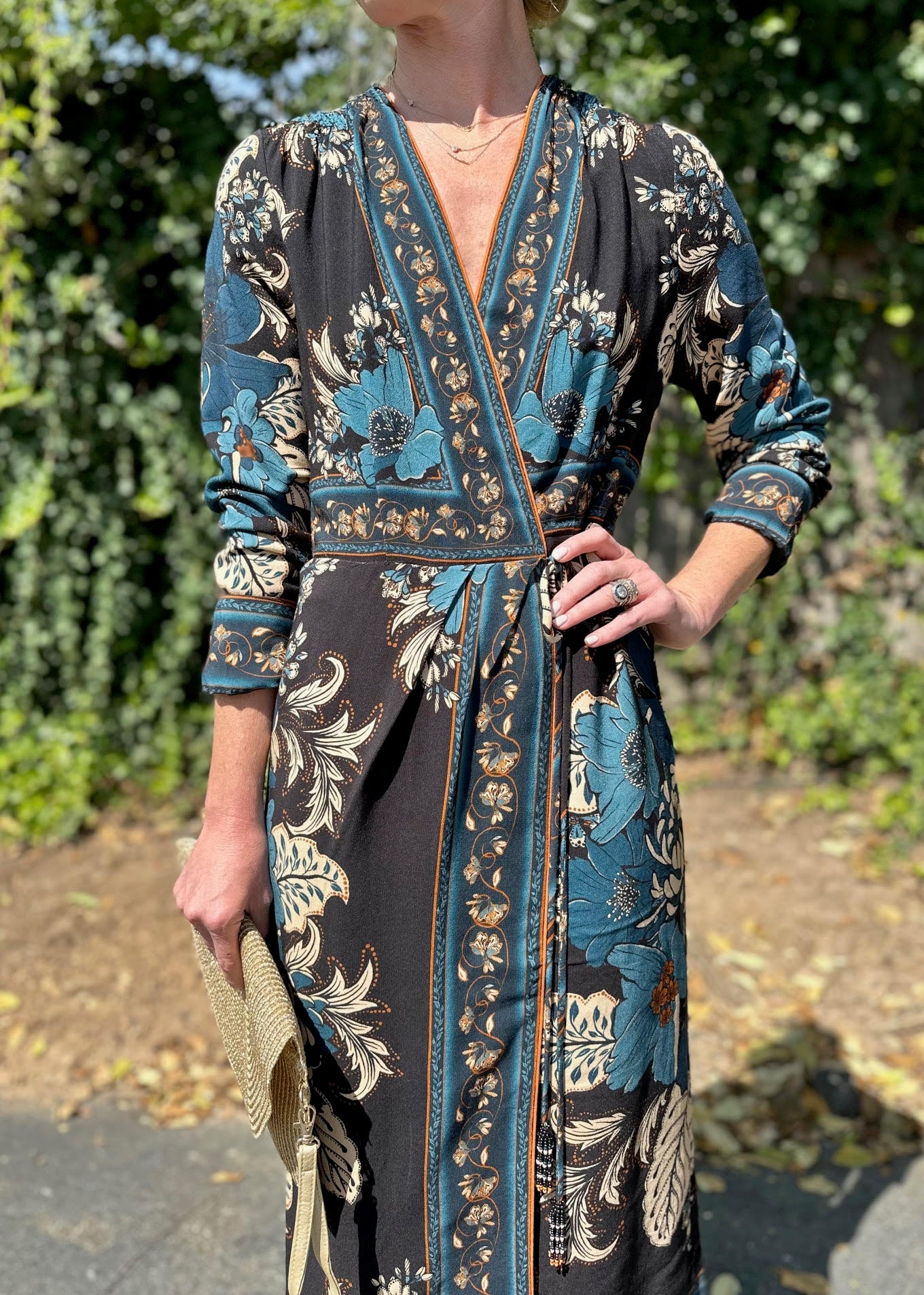 Blossom Tapestry Midi Wrap Dress in black by Farm Rio