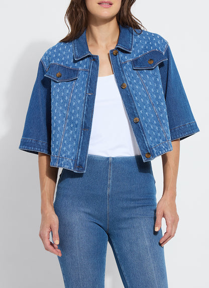 Thea Crop Crochet Denim Jacket in mid wash by Lysse