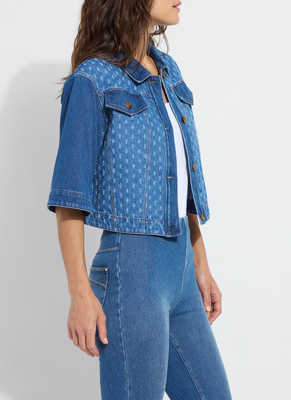 Thea Crop Crochet Denim Jacket in mid wash by Lysse