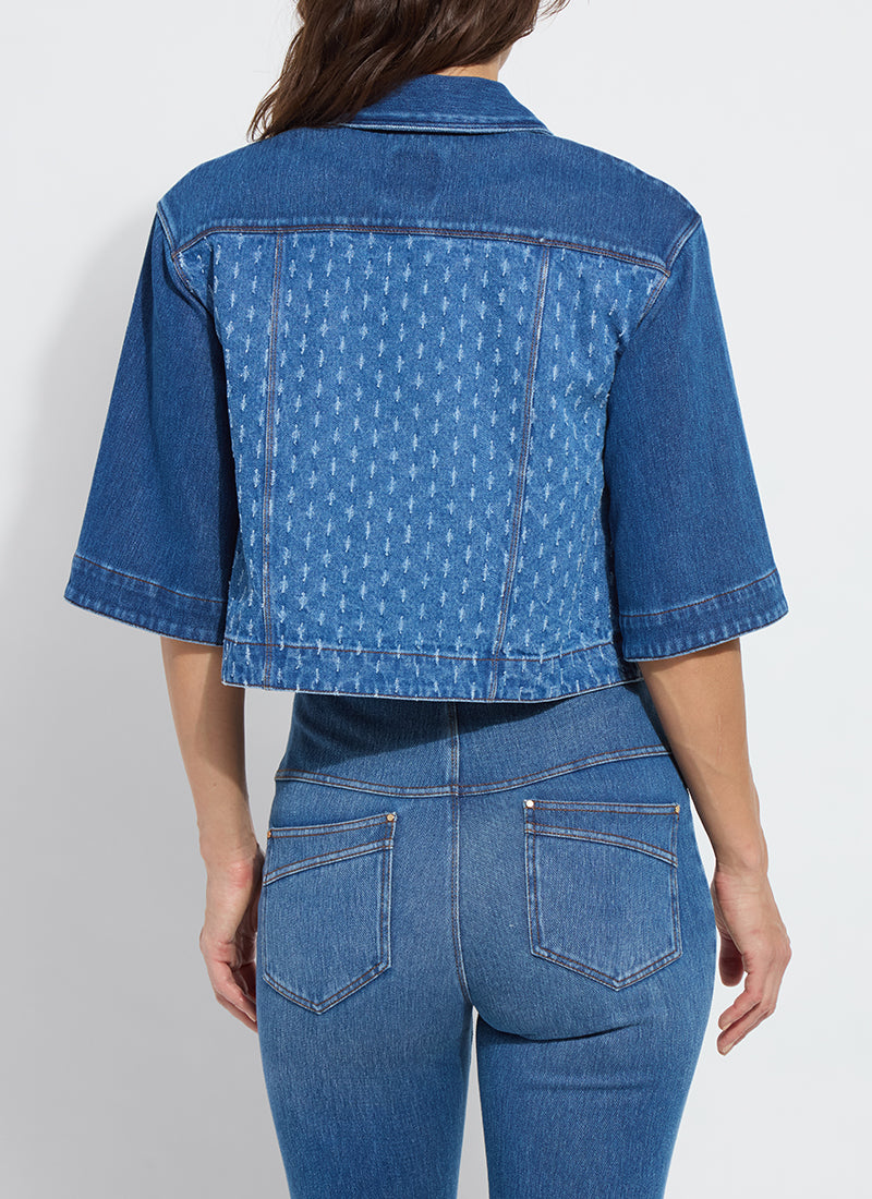 Thea Crop Crochet Denim Jacket in mid wash by Lysse