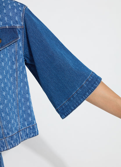 Thea Crop Crochet Denim Jacket in mid wash by Lysse