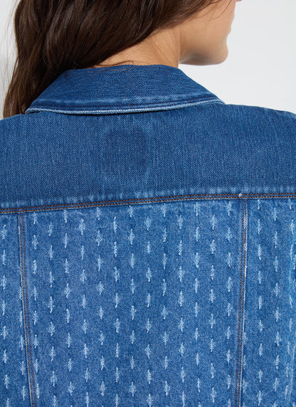 Thea Crop Crochet Denim Jacket in mid wash by Lysse