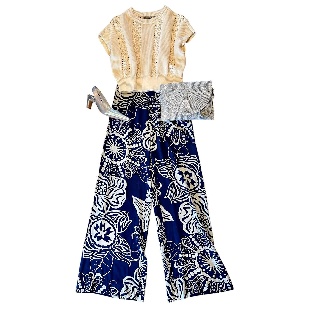 Printed Wide Leg Pant in navy/cream by Aldo Martins