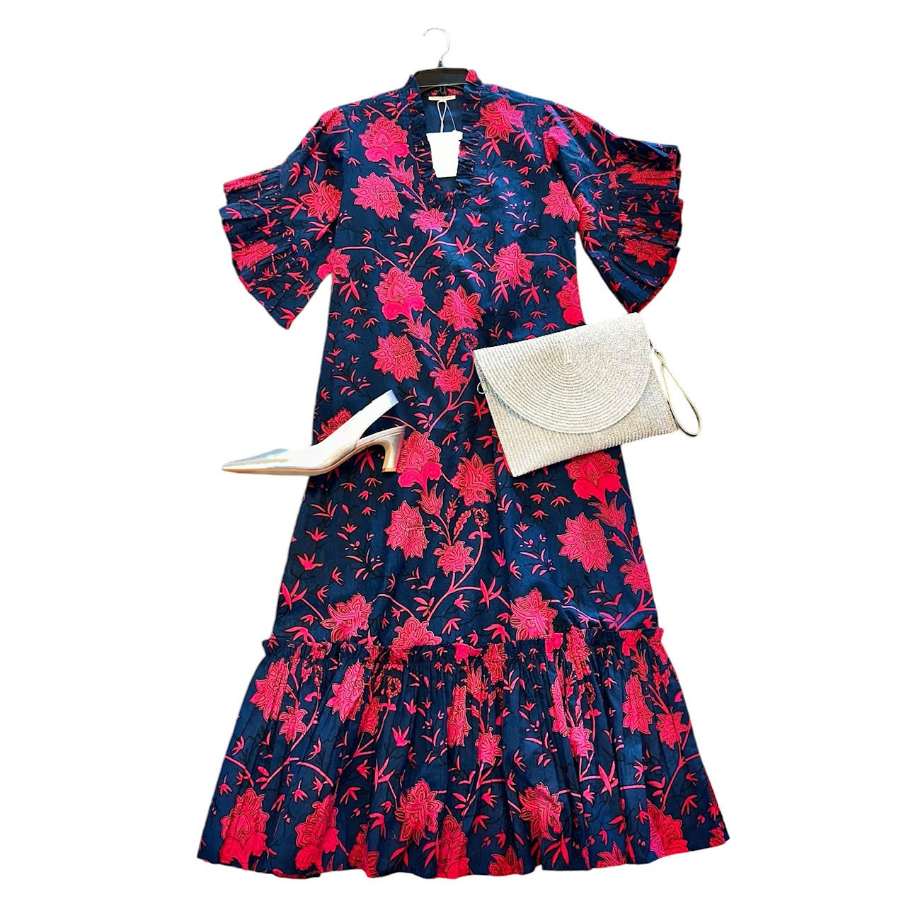 TRUNK SHOW- Soleil Flutter Sleeve Dress in beautiful navy/raspberry by Fitzroy & Willa