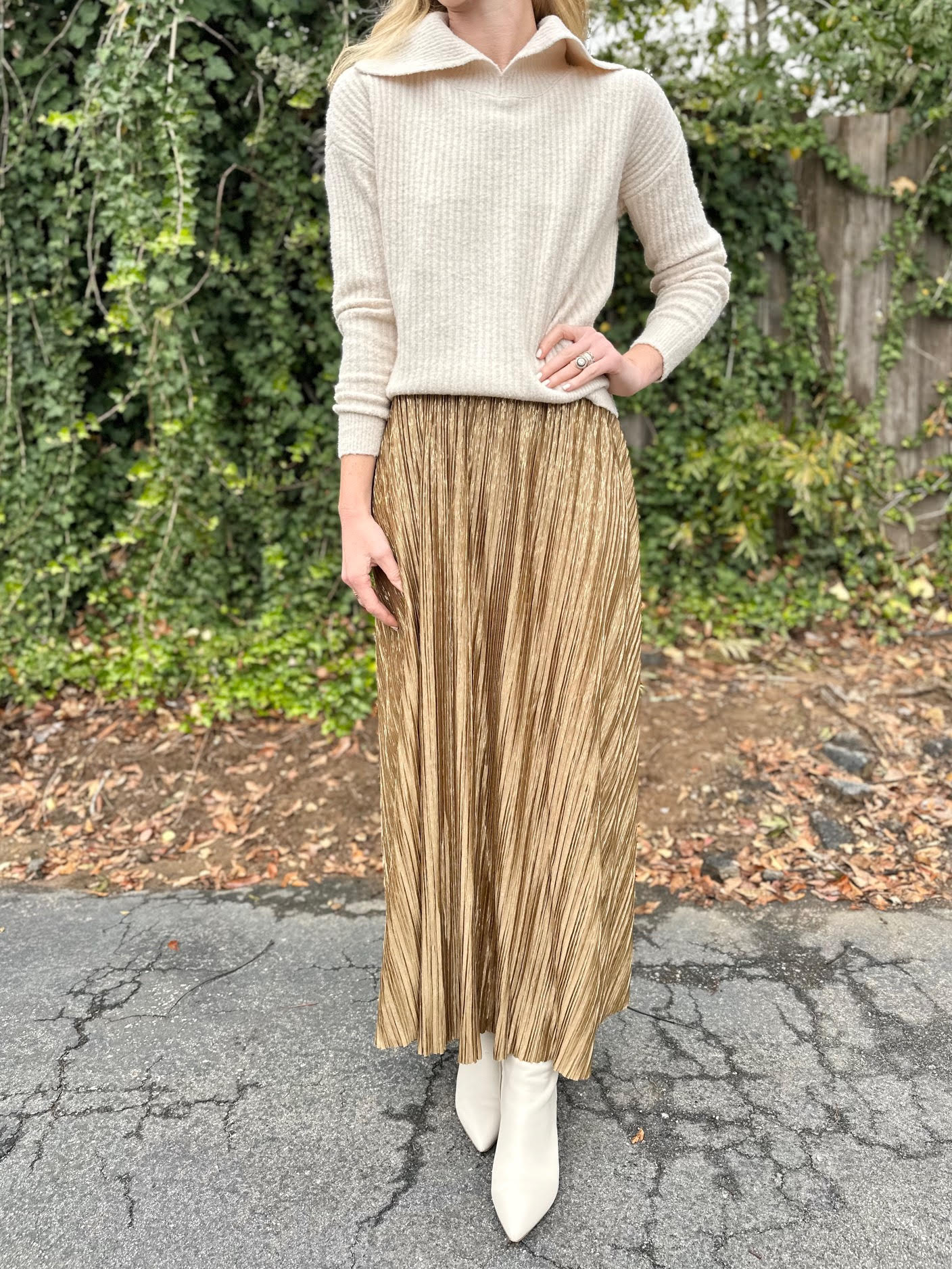 Pleated Midi Skirt in gold by Molly Bracken