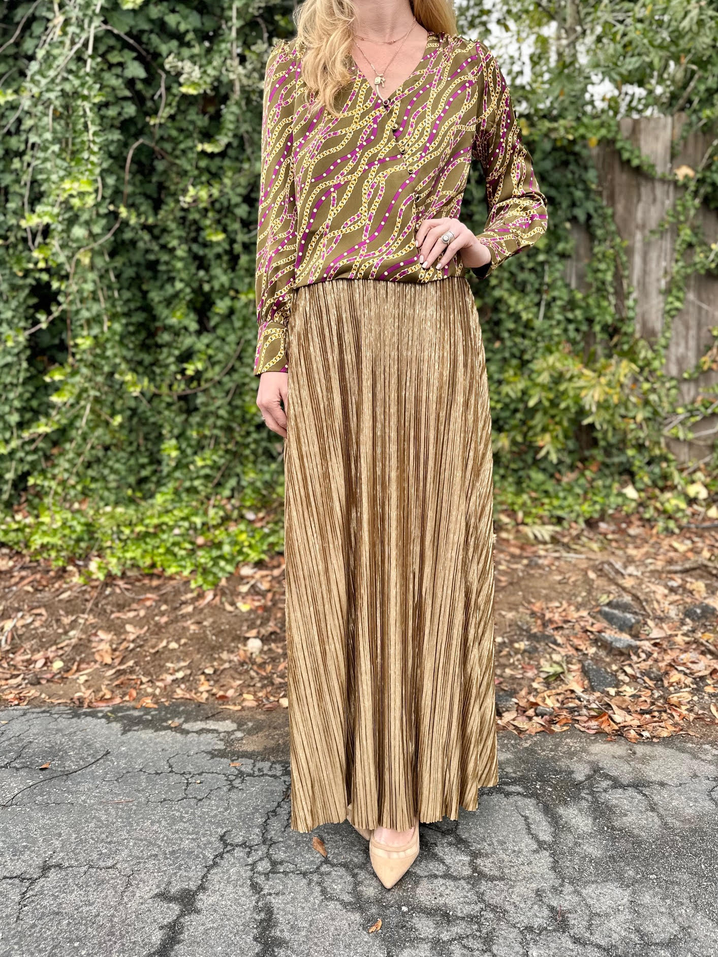 Pleated Midi Skirt in gold by Molly Bracken