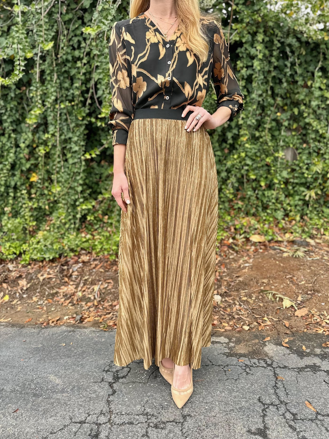 Pleated Midi Skirt in gold by Molly Bracken