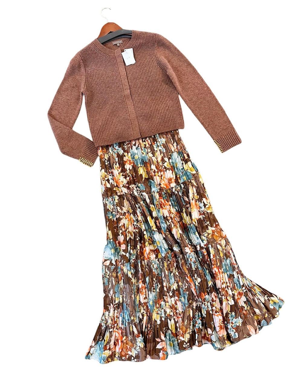 Floral Print Pleated Tiered Maxi Skirt in brown by Current Air