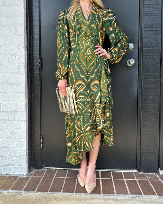 Pineapple Ikat Long Sleeve Midi Dress in green by Farm Rio