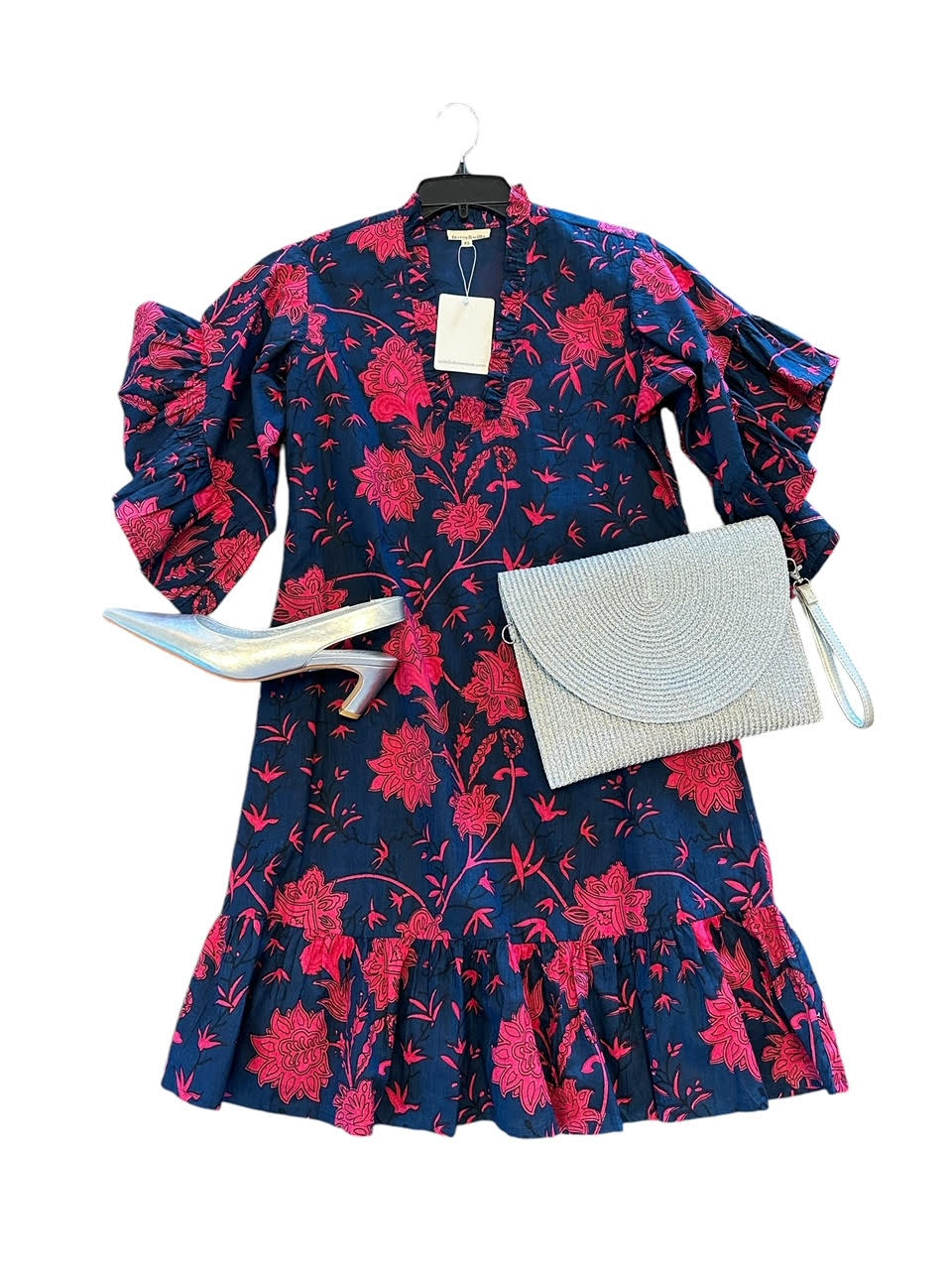 TRUNK SHOW- Soleil Flutter Sleeve Mini Dress in beautiful navy/raspberry by Fitzroy & Willa