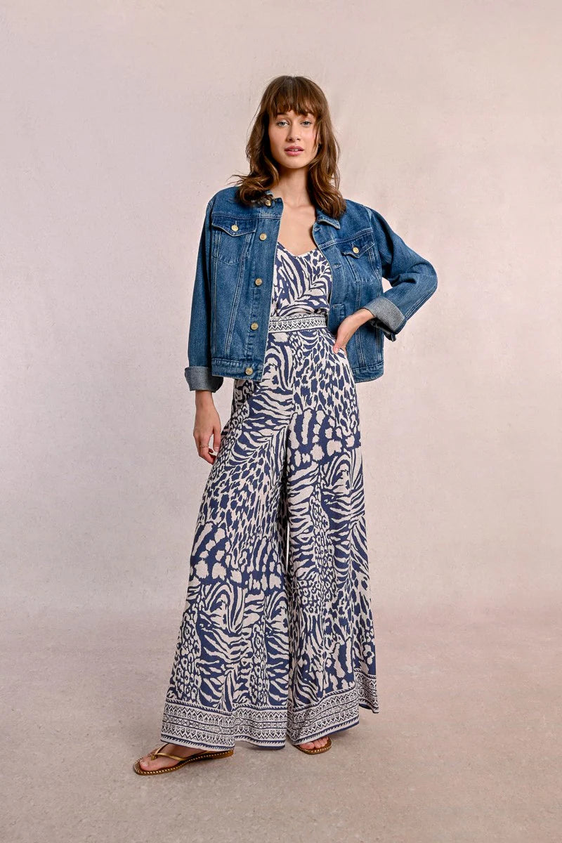 Wide Leg Printed Pants in denim blue by Molly Bracken