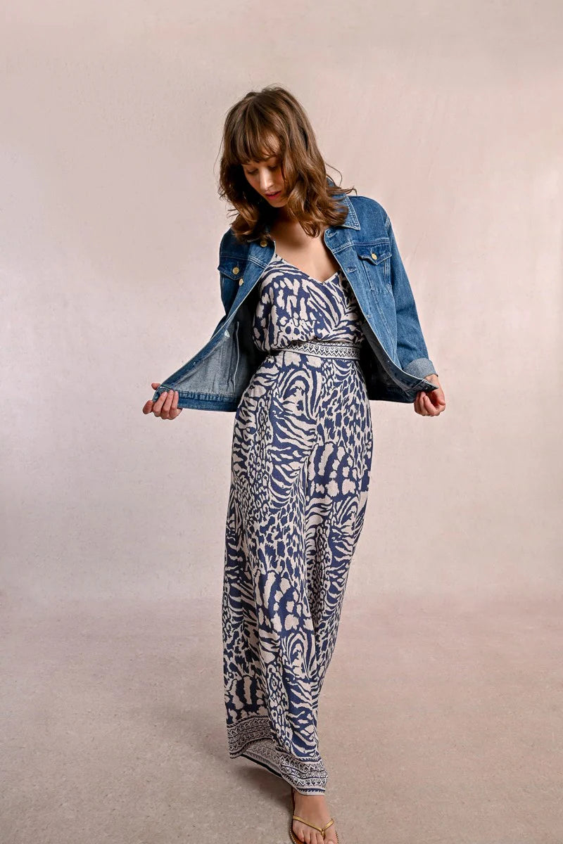 Wide Leg Printed Pants in denim blue by Molly Bracken