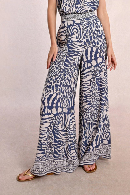 Wide Leg Printed Pants in denim blue by Molly Bracken