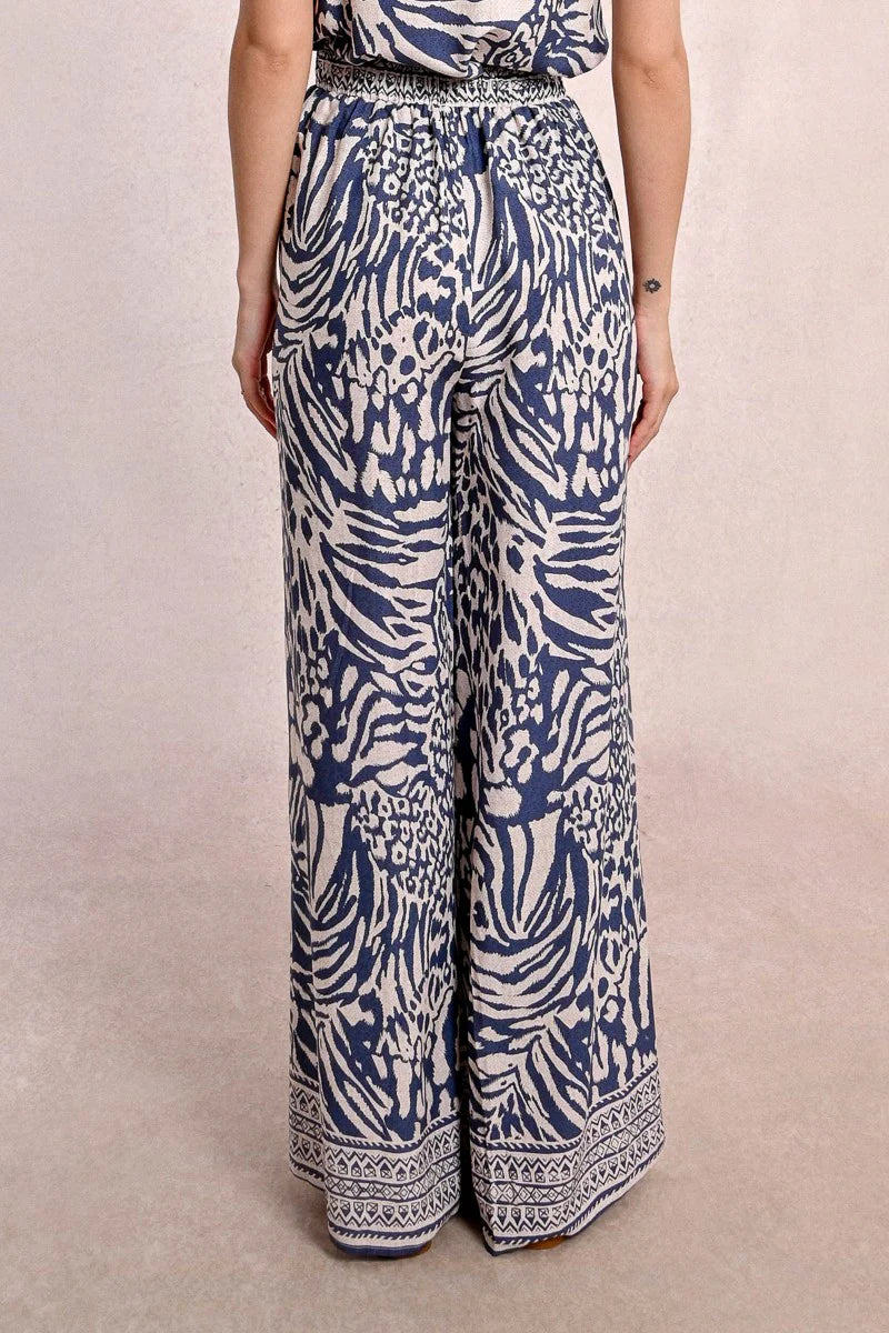 Wide Leg Printed Pants in denim blue by Molly Bracken